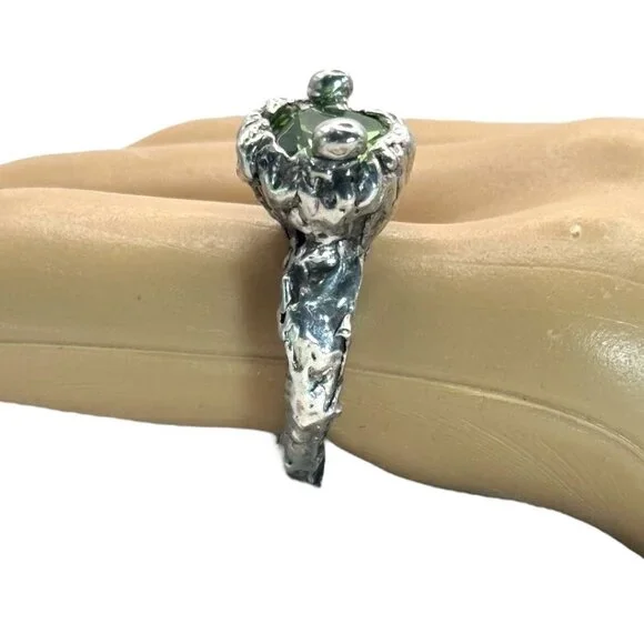 Brutalist Silver-Blend Cocktail Ring Artisan Crafted with 10mm Crystal Size  6.5 - Picture 10 of 13